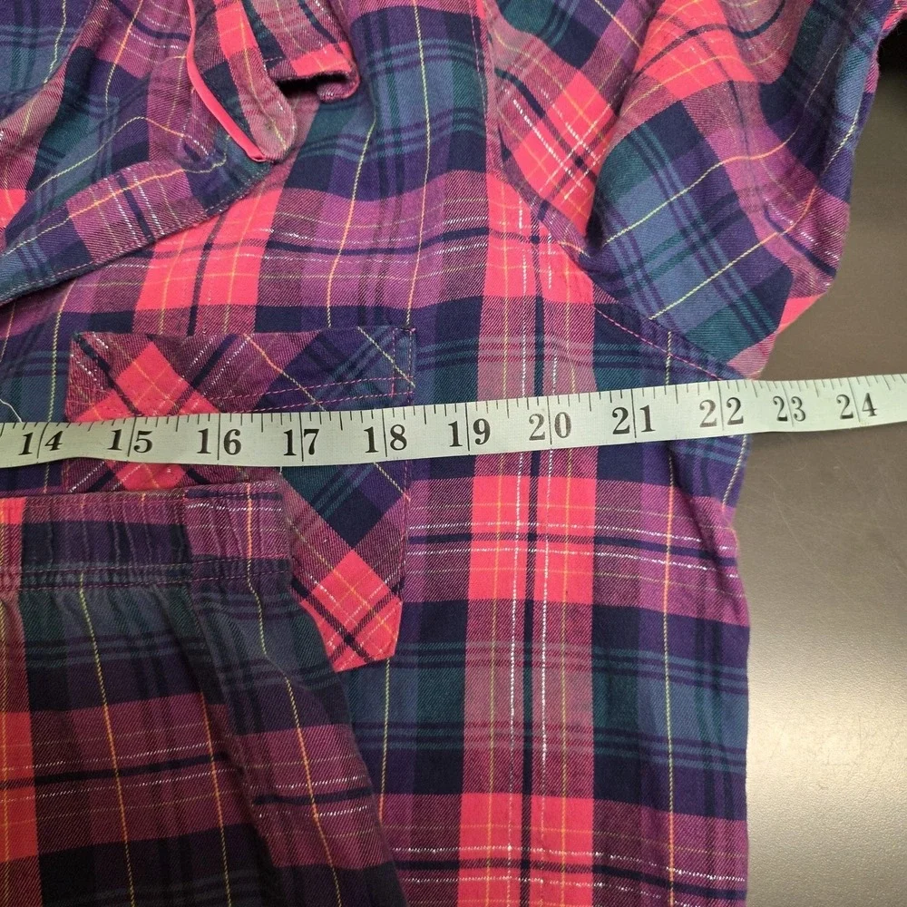 Victoria's Secret Pajama Set Women L Pink Blue Plaid Flannel Button Lounge Cozy
